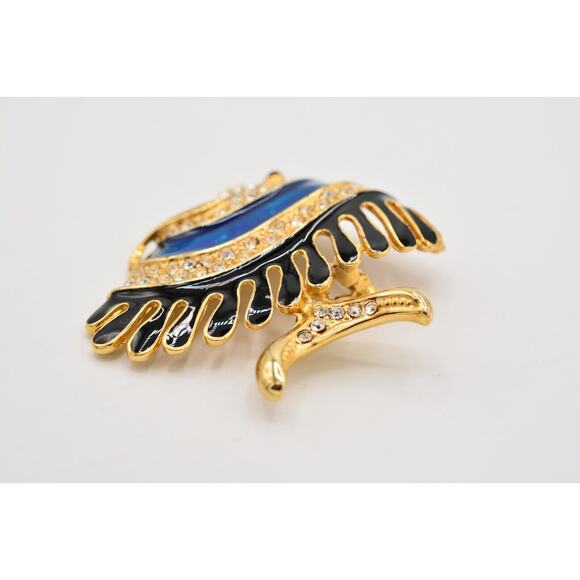 Vintage Fish Pin Brooch Blue Black Enamel Gold Rhinestone Crystal Chunky Bin5A - Picture 6 of 12